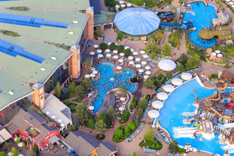 Vue aérienne de Temple Frigg de Rulantica dans Europa Park Rust à Rust dans le département Bade-Wurtemberg, Allemagne