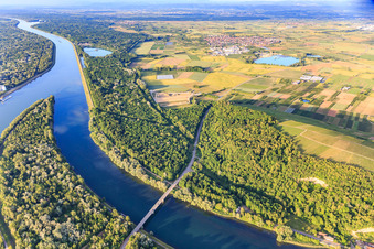 Vue aérienne de Pont du Rhin et pointe de l'île du Rhin entre le canal et le Rhin à Sasbach am Kaiserstuhl dans le département Bade-Wurtemberg, Allemagne