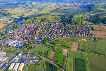 Vue aérienne de Vue d'ensemble de la ville au canal Léopold depuis le nord à Riegel am Kaiserstuhl dans le département Bade-Wurtemberg, Allemagne