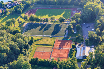 Vue aérienne de Terrains de sport du Tennis Club Breisach eV et du Waldstadion du SV Breisach à Breisach am Rhein dans le département Bade-Wurtemberg, Allemagne