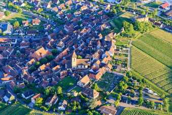 Vue aérienne de Église Saint-Pancrace et cimetière à le quartier Burkheim in Vogtsburg im Kaiserstuhl dans le département Bade-Wurtemberg, Allemagne