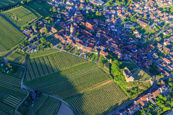 Vue aérienne de Vue du village viticole depuis le sud-ouest avec l'église Saint-Pankratius et les ruines du château Burkheim au-dessus du vignoble à le quartier Burkheim in Vogtsburg im Kaiserstuhl dans le département Bade-Wurtemberg, Allemagne