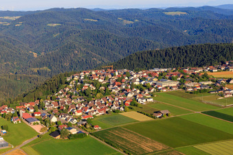 Vue aérienne de Vue de la ville depuis l'est avec la salle Josef Merz à le quartier Vorderaichhalden in Aichhalden dans le département Bade-Wurtemberg, Allemagne