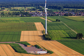 Photographie aérienne de Modernisation du parc éolien Minfeld. JUWI remplace quatre anciennes turbines (GE 1.5) de 2004 par deux nouvelles turbines Vestas V162 modernes, chacune d'une puissance de six mégawatts. à Minfeld dans le département Rhénanie-Palatinat, Allemagne