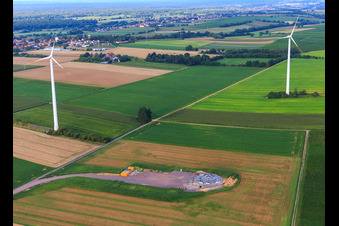 Modernisation du parc éolien Minfeld. JUWI remplace quatre anciennes turbines (GE 1.5) de 2004 par deux nouvelles turbines Vestas V162 modernes, chacune d'une puissance de six mégawatts. à Minfeld dans le département Rhénanie-Palatinat, Allemagne hors des airs