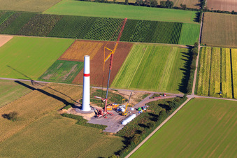 Modernisation du parc éolien Minfeld. JUWI remplace quatre anciennes turbines (GE 1.5) de 2004 par deux nouvelles turbines Vestas V162 modernes, chacune d'une puissance de six mégawatts. à Minfeld dans le département Rhénanie-Palatinat, Allemagne depuis l'avion