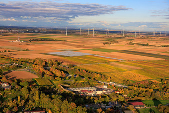 Photographie aérienne de Centrale géothermique Insheim pour l'extraction de lithium par Vulcan Energy GmbH (en arrière-plan). Plateforme V20 de Vercana GmbH et parc éolien d'Offenbach. à Insheim dans le département Rhénanie-Palatinat, Allemagne