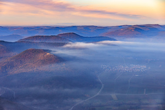 Vue aérienne de Nuages bas au-dessus de la route des vins à Eschbach dans le département Rhénanie-Palatinat, Allemagne