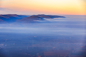 Vue aérienne de Collines de la forêt du Palatinat, entre la vallée de Dernbach et la route des vins, avec des nuages bas. à Frankweiler dans le département Rhénanie-Palatinat, Allemagne