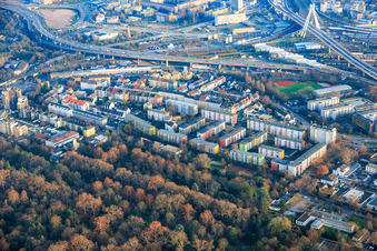 Vue aérienne de Valentin-Bauer-Siedlung au-delà du cimetière principal de la Burgundenstrasse à le quartier West in Ludwigshafen am Rhein dans le département Rhénanie-Palatinat, Allemagne