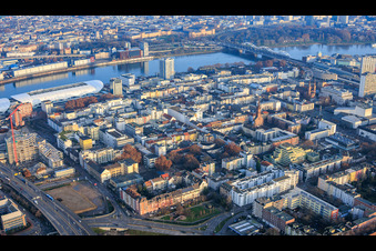 Vue aérienne de Vue d'ensemble de la ville depuis l'ouest jusqu'au Rhin et au pont Konrad Adenauer à le quartier Mitte in Ludwigshafen am Rhein dans le département Rhénanie-Palatinat, Allemagne