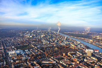 Vue aérienne de Usine chimique BASF sur le Rhin en venant du sud à le quartier BASF in Ludwigshafen am Rhein dans le département Rhénanie-Palatinat, Allemagne