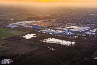 Vue aérienne de Parc industriel d'Interpark vu du nord-est par une soirée d'hiver brumeuse à Offenbach an der Queich dans le département Rhénanie-Palatinat, Allemagne