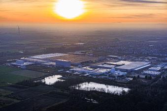 Vue aérienne de Parc industriel d'Interpark vu du nord-est par une soirée d'hiver brumeuse à Offenbach an der Queich dans le département Rhénanie-Palatinat, Allemagne