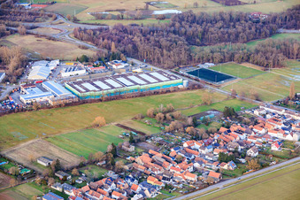 Vue aérienne de Bâtiment neuf presque achevé du parc logistique par HANSAINVEST et DFI-Real-Estate Kandel pour FRISCHEPLATTFORM SÜDWEST de Gemüsering Stuttgart GmbH à le quartier Minderslachen in Kandel dans le département Rhénanie-Palatinat, Allemagne
