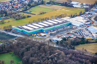 Vue aérienne de Bâtiment neuf presque achevé du parc logistique par HANSAINVEST et DFI-Real-Estate Kandel pour FRISCHEPLATTFORM SÜDWEST de Gemüsering Stuttgart GmbH à le quartier Minderslachen in Kandel dans le département Rhénanie-Palatinat, Allemagne