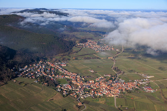 Vue aérienne de Village viticole sous les nuages du sud à Frankweiler dans le département Rhénanie-Palatinat, Allemagne