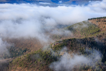 Photographie aérienne de Orensfels avec une manche à air dans les nuages à Frankweiler dans le département Rhénanie-Palatinat, Allemagne
