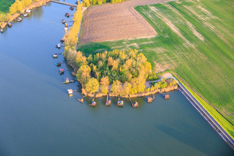 Des promenades en bois bordées de cabanes de pêcheurs longent les rives de l'étang du Welschhof. à Puttelange-aux-Lacs dans le département Moselle, France