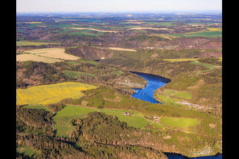 Paysage lacustre du réservoir de Hohenwarte vu de l'ouest, avec le camping de Linkenmühle à Altenbeuthen dans le département Thuringe, Allemagne