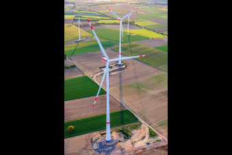 Modernisation du parc éolien Minfeld. JUWI remplace quatre turbines plus anciennes (GE 1.5) de 2004 par deux nouvelles turbines modernes Vestas V162, chacune d'une capacité de six MW. à Minfeld dans le département Rhénanie-Palatinat, Allemagne