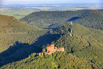 Trois châteaux : Trifels, Anebos, Jungturm Münz et la tour rénovée Scharfenberg à le quartier Bindersbach in Annweiler am Trifels dans le département Rhénanie-Palatinat, Allemagne