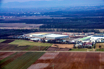 Vue aérienne de Construction d'un nouveau hall logistique dans la zone industrielle d'Am Horst à le quartier Minderslachen in Kandel dans le département Rhénanie-Palatinat, Allemagne