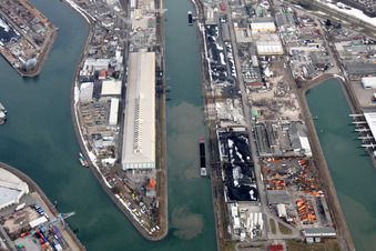 Vue aérienne de Hall de Jerich, Allemagne Karlsruhe dans le port du Rhin à le quartier Mühlburg in Karlsruhe dans le département Bade-Wurtemberg, Allemagne