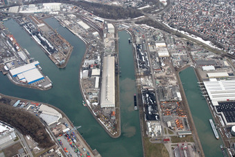 Photographie aérienne de Hall de Jerich, Allemagne Karlsruhe dans le port du Rhin à le quartier Mühlburg in Karlsruhe dans le département Bade-Wurtemberg, Allemagne