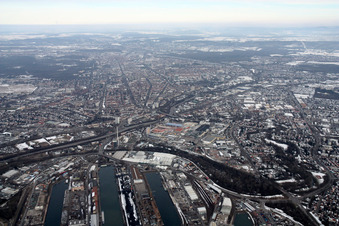 Vue aérienne de Du sud-ouest à le quartier Mühlburg in Karlsruhe dans le département Bade-Wurtemberg, Allemagne