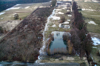 Photographie aérienne de Les prairies d'Otterbachtal inondées par les eaux de fonte à Minfeld dans le département Rhénanie-Palatinat, Allemagne