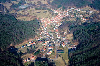 Vue aérienne de Vue du village dans la forêt du Palatinat depuis l'ouest à Schwanheim dans le département Rhénanie-Palatinat, Allemagne