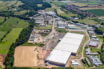 Nouveau centre logistique à Horstring à le quartier Minderslachen in Kandel dans le département Rhénanie-Palatinat, Allemagne du point de vue du drone