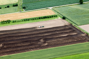 Vue aérienne de Tracteur épandant du fumier sur les champs agricoles à le quartier Wagshurst in Achern dans le département Bade-Wurtemberg, Allemagne
