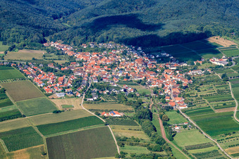 Vue aérienne de Ville viticole sur la route des vins du Palatinat depuis le sud-est à Oberotterbach dans le département Rhénanie-Palatinat, Allemagne
