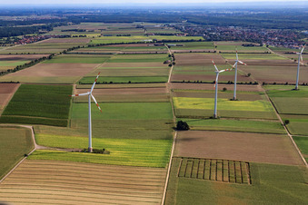 Vue aérienne de Éoliennes du parc éolien Minfeld à Minfeld dans le département Rhénanie-Palatinat, Allemagne