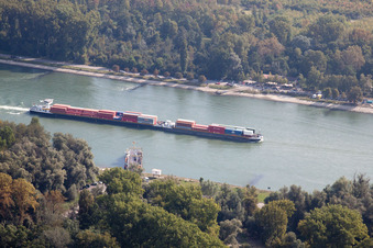Vue aérienne de Bateau de navigation intérieure en mouvement sur la voie navigable du Rhin à le quartier Leopoldshafen in Eggenstein-Leopoldshafen dans le département Bade-Wurtemberg, Allemagne