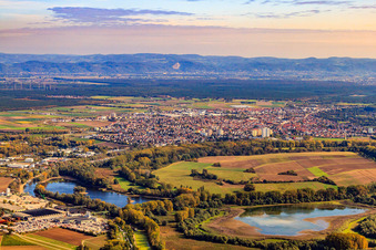 Vue aérienne de Vue de la ville derrière le Vieux Rhin à Lampertheim dans le département Hesse, Allemagne