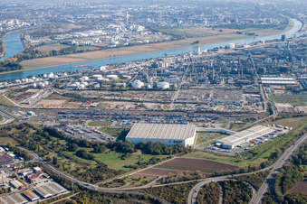 Photographie aérienne de Locaux de l'usine du producteur de produits chimiques BASF (Porte 15 au nord de la gare de fret) à le quartier BASF in Ludwigshafen am Rhein dans le département Rhénanie-Palatinat, Allemagne