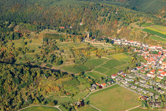 Vue aérienne de Wachtenbur (ruines du château de Wachenheim) sur le Haardtrand à Wachenheim an der Weinstraße dans le département Rhénanie-Palatinat, Allemagne