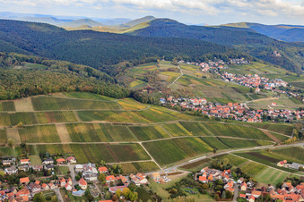 Vue aérienne de Le vignoble Gottesacker se situe en bordure des monts Haardt, entre 2 et Gleishorbach. à le quartier Oberhofen in Pleisweiler-Oberhofen dans le département Rhénanie-Palatinat, Allemagne