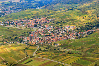 Vue aérienne de Vue d'un village viticole depuis le nord à le quartier Rechtenbach in Schweigen-Rechtenbach dans le département Rhénanie-Palatinat, Allemagne