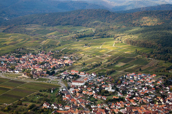 Vue aérienne de Vue d'un village de vignerons depuis le nord, en contrebas du vignoble de Sonnenberg à le quartier Rechtenbach in Schweigen-Rechtenbach dans le département Rhénanie-Palatinat, Allemagne