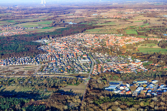 Vue aérienne de La ville derrière le Bienwald vue de l'ouest à Jockgrim dans le département Rhénanie-Palatinat, Allemagne