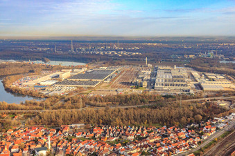 Vue aérienne de Industriepark Wörth GmbH avec l'usine automobile Mercedes-Benz Wörth de Daimler AG à Wörth am Rhein dans le département Rhénanie-Palatinat, Allemagne