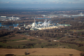 Vue aérienne de Maxau, Stora Enso vu de l'est à le quartier Knielingen in Karlsruhe dans le département Bade-Wurtemberg, Allemagne