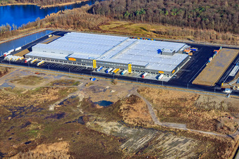 Photographie aérienne de Nouveau centre logistique Netto dans la zone industrielle d'Oberwald à Wörth am Rhein dans le département Rhénanie-Palatinat, Allemagne