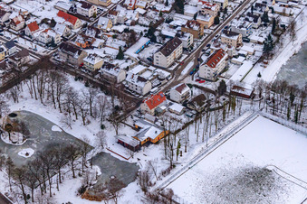 Photographie aérienne de Étang aux cygnes gelé en hiver à Kandel dans le département Rhénanie-Palatinat, Allemagne