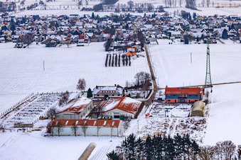 Vue aérienne de Marché du village de Schoßberghof En hiver avec de la neige à Minfeld dans le département Rhénanie-Palatinat, Allemagne
