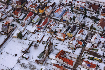 Vue aérienne de Gänsried en hiver avec de la neige à Freckenfeld dans le département Rhénanie-Palatinat, Allemagne